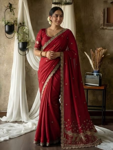 Remarkable Red Designer Rangoli Silk Saree with All Over Embroidery Work at Wholesale Rate 