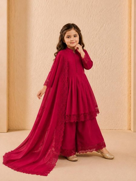 Remarkable Red Kids Silk Palazzo Set with Coding Dori Work and Digital Print Kurtis