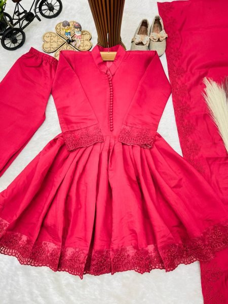 Remarkable Red Kids Silk Palazzo Set with Coding Dori Work and Digital Print Girls Wear