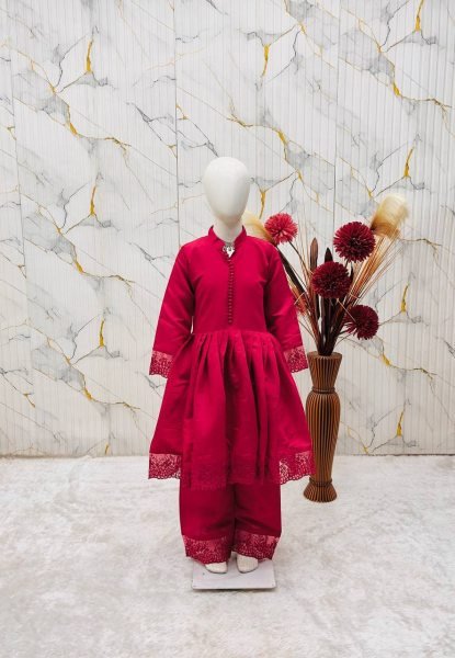 Remarkable Red Kids Silk Palazzo Set with Coding Dori Work and Digital Print Girls Wear