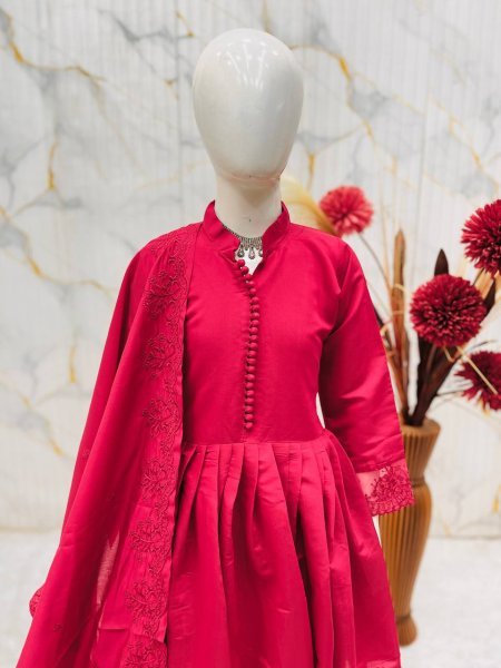Remarkable Red Kids Silk Palazzo Set with Coding Dori Work and Digital Print Girls Wear