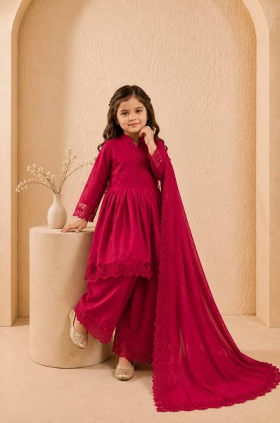 Remarkable Red Kids Silk Palazzo Set with Coding Dori Work and Digital Print Girls Wear