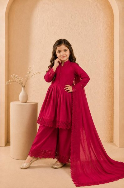 Remarkable Red Kids Silk Palazzo Set with Coding Dori Work and Digital Print Girls Wear