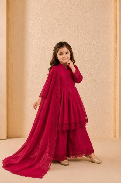 Remarkable Red Kids Silk Palazzo Set with Coding Dori Work and Digital Print Girls Wear