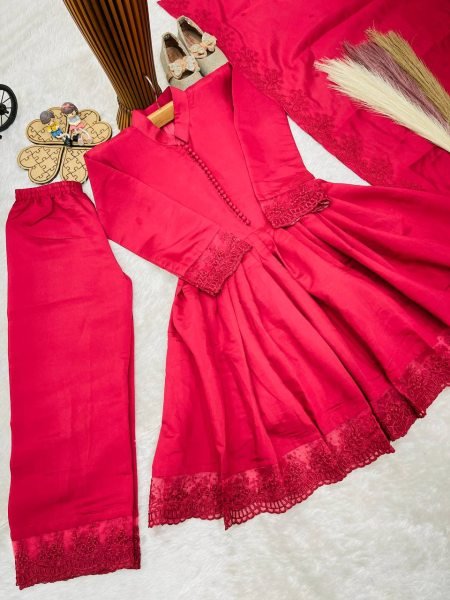 Remarkable Red Kids Silk Palazzo Set with Coding Dori Work and Digital Print Girls Wear
