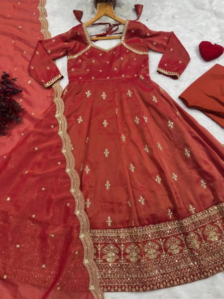 Remarkable Rust Designer Cosmo Suit Set with Heavy Sequin and Thread Embroidery Ready To Wear Collection