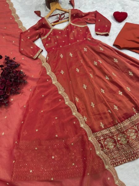 Remarkable Rust Designer Cosmo Suit Set with Heavy Sequin and Thread Embroidery Ready To Wear Collection