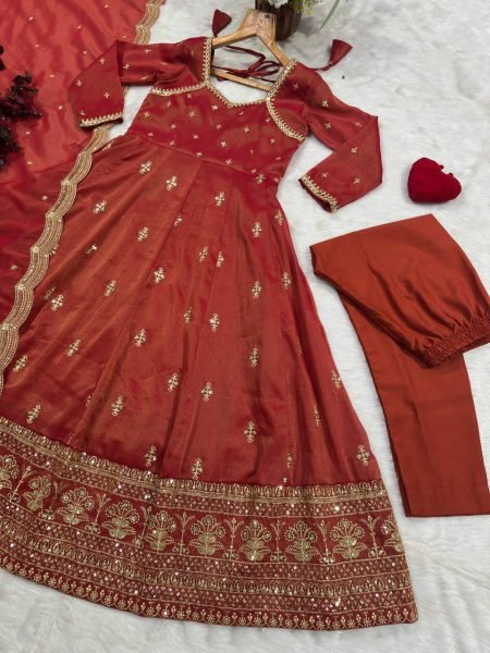 Remarkable Rust Designer Cosmo Suit Set with Heavy Sequin and Thread Embroidery Ready To Wear Collection
