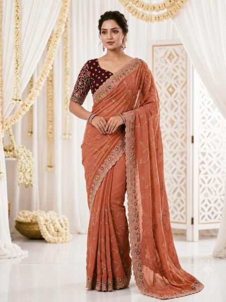 Remarkable Rust Embroidered Star Georgette Party Wear Saree for Bulk Order 