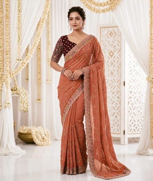 Remarkable Rust Embroidered Star Georgette Party Wear Saree for Bulk Order Embroidery Sarees Wholesale