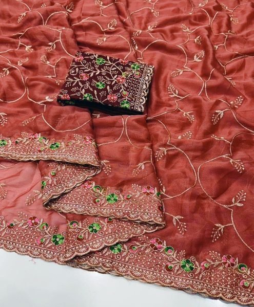 Remarkable Rust Embroidered Star Georgette Party Wear Saree for Bulk Order Embroidery Sarees Wholesale