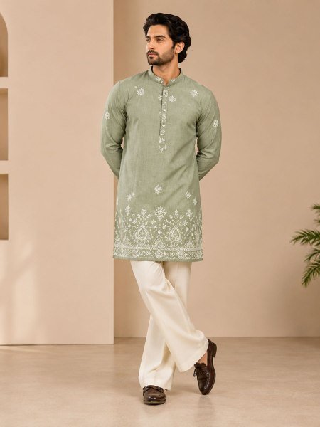 Remarkable Sage Green Sequence Work Short Kurta for Boutique and Reseller Buyers 