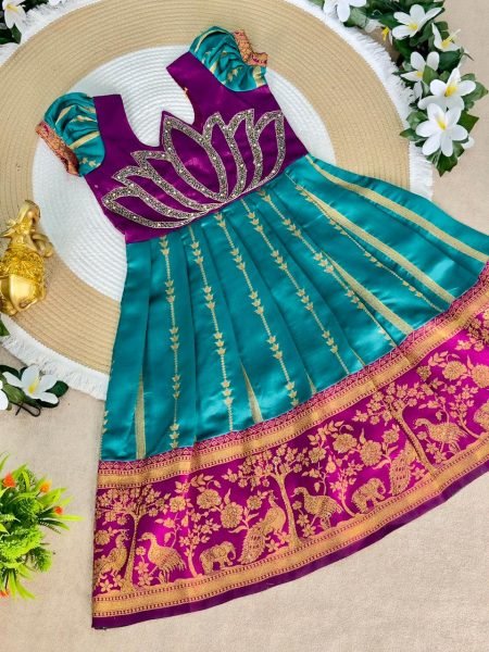 Remarkable Teal Blue Jacquard Gown with Traditional Embroidery Work Girls Wear