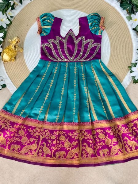 Remarkable Teal Blue Jacquard Gown with Traditional Embroidery Work Girls Wear