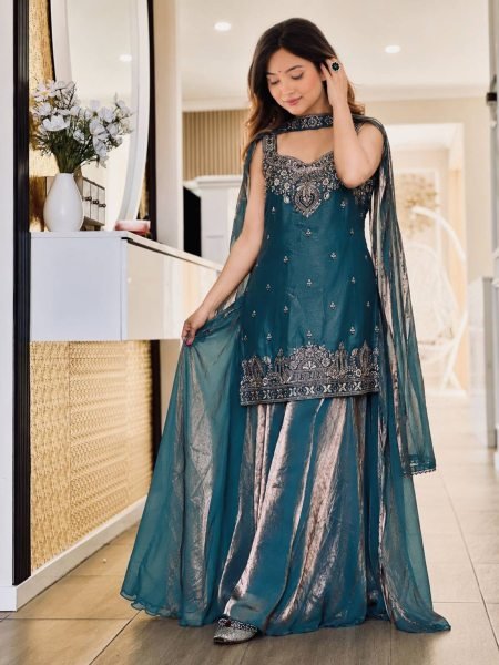 Remarkable Teal Blue Ready to Wear Frendy Silk Embroidered Kurti with Matching Palazzo  