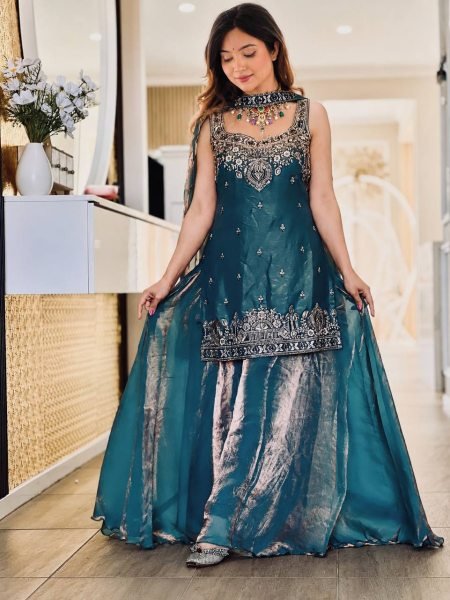 Remarkable Teal Blue Ready to Wear Frendy Silk Embroidered Kurti with Matching Palazzo  Ready To Wear Collection