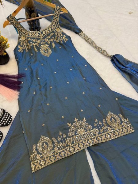 Remarkable Teal Blue Ready to Wear Frendy Silk Embroidered Kurti with Matching Palazzo  Ready To Wear Collection