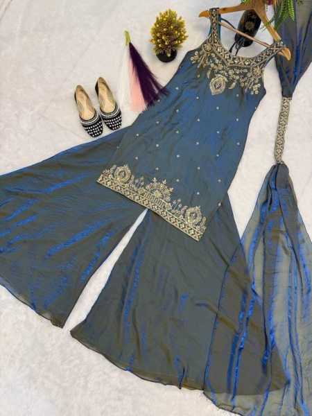 Remarkable Teal Blue Ready to Wear Frendy Silk Embroidered Kurti with Matching Palazzo  Ready To Wear Collection