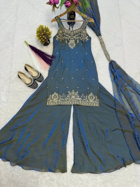 Remarkable Teal Blue Ready to Wear Frendy Silk Embroidered Kurti with Matching Palazzo  Ready To Wear Collection