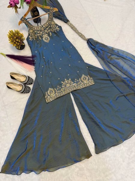 Remarkable Teal Blue Ready to Wear Frendy Silk Embroidered Kurti with Matching Palazzo  Ready To Wear Collection
