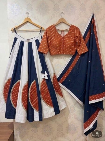 Remarkable White Blue Roman Silk Lehenga Choli Set with Cotton Dupatta For Bluk Orders  Lehenga