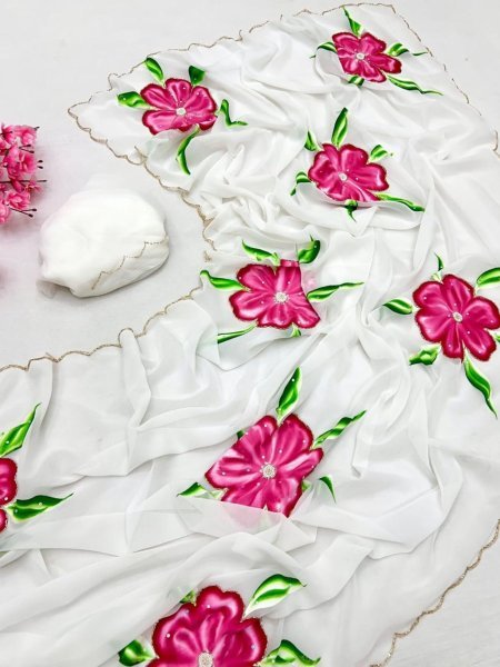 Remarkable White Pink Pure Georgette Hand Painted Floral Saree with Khatli Handwork Sarees 