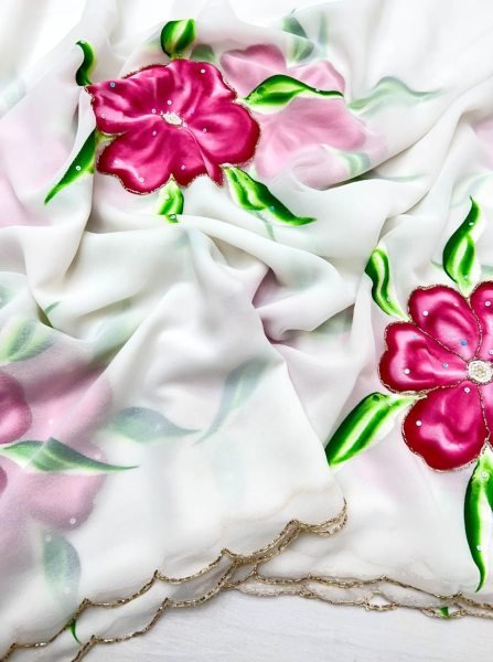 Remarkable White Pink Pure Georgette Hand Painted Floral Saree with Khatli Handwork Printed Cotton Sarees Wholesale