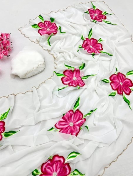 Remarkable White Pink Pure Georgette Hand Painted Floral Saree with Khatli Handwork Printed Cotton Sarees Wholesale