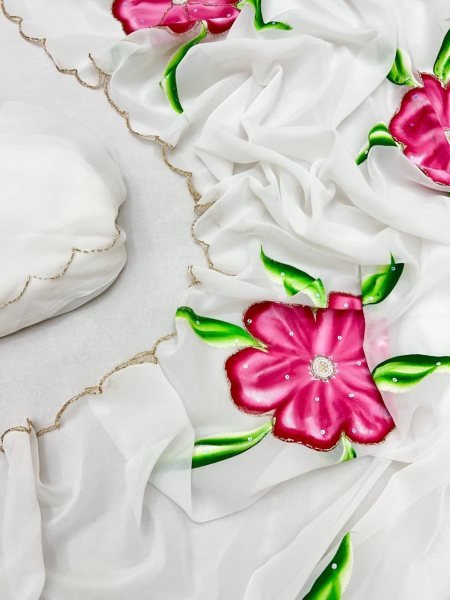 Remarkable White Pink Pure Georgette Hand Painted Floral Saree with Khatli Handwork Printed Cotton Sarees Wholesale