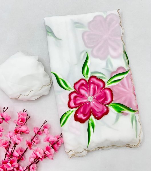 Remarkable White Pink Pure Georgette Hand Painted Floral Saree with Khatli Handwork Printed Cotton Sarees Wholesale