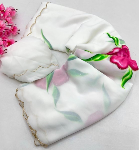 Remarkable White Pink Pure Georgette Hand Painted Floral Saree with Khatli Handwork Printed Cotton Sarees Wholesale