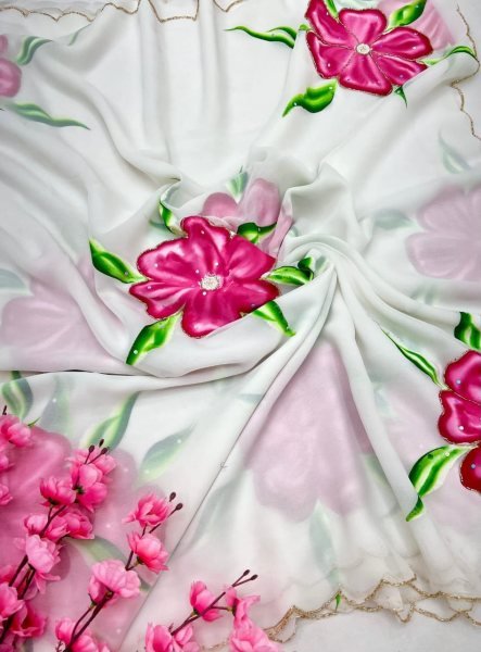 Remarkable White Pink Pure Georgette Hand Painted Floral Saree with Khatli Handwork Printed Cotton Sarees Wholesale