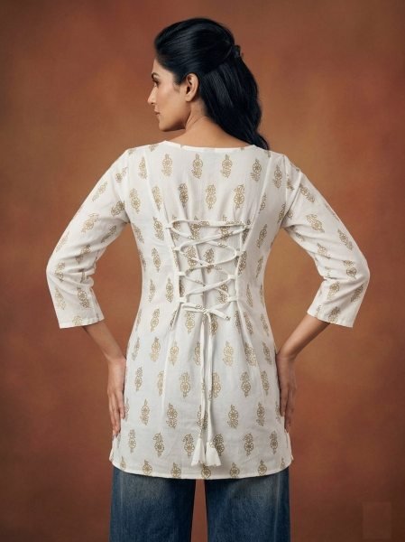 Remarkable White Rayon Foil Printed Top With Pant for Women Tunics kurti
