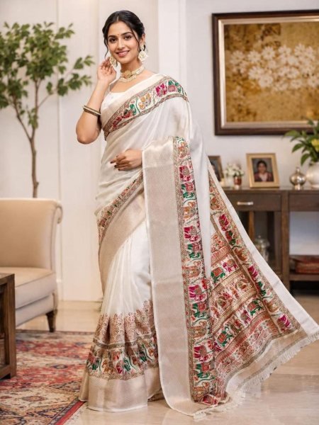 Remarkable White Soft Dola Silk Saree with Foil Print and Kanjivaram Zari Border Sarees 
