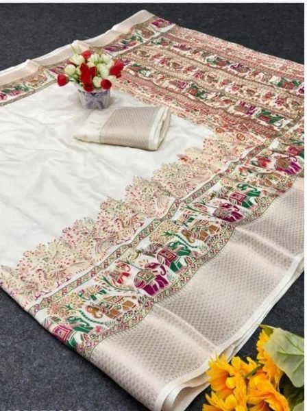 Remarkable White Soft Dola Silk Saree with Foil Print and Kanjivaram Zari Border Silk Sarees Wholesale