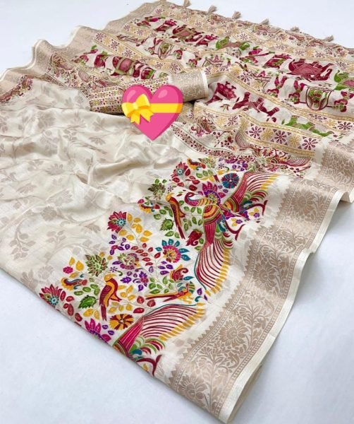 Remarkable White Soft Dola Silk Saree with Foil Print and Kanjivaram Zari Border Silk Sarees Wholesale