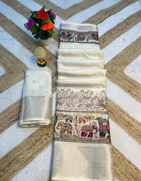 Remarkable White Soft Dola Silk Saree with Foil Print and Kanjivaram Zari Border Silk Sarees Wholesale