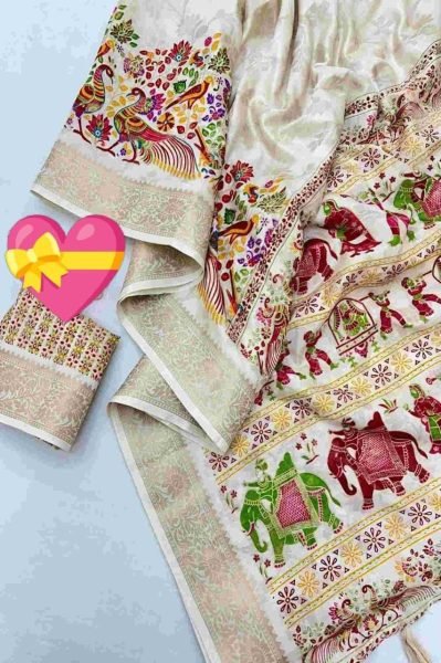 Remarkable White Soft Dola Silk Saree with Foil Print and Kanjivaram Zari Border Silk Sarees Wholesale