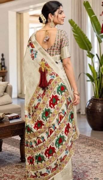 Remarkable White Soft Dola Silk Saree with Foil Print and Kanjivaram Zari Border Silk Sarees Wholesale
