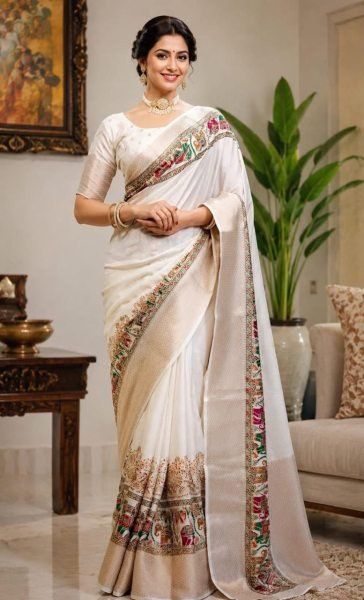 Remarkable White Soft Dola Silk Saree with Foil Print and Kanjivaram Zari Border Silk Sarees Wholesale