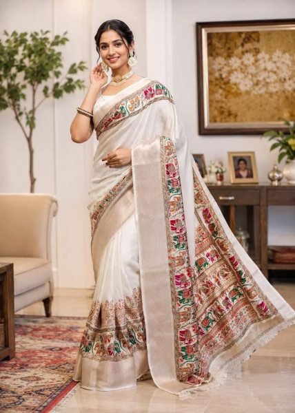 Remarkable White Soft Dola Silk Saree with Foil Print and Kanjivaram Zari Border Silk Sarees Wholesale