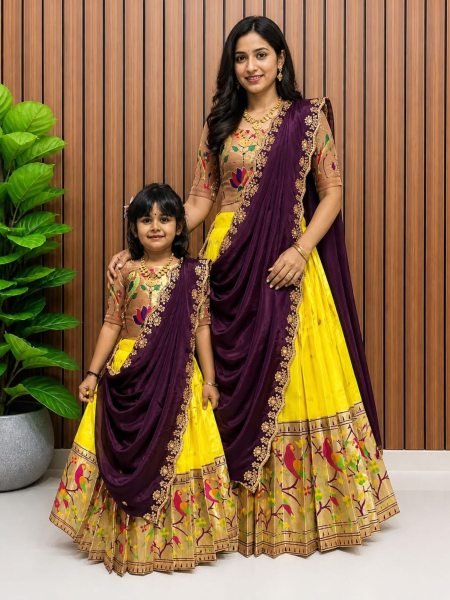 Remarkable Yellow Kids Wedding Wear Paithani Silk Lehenga Choli with Rich Handwork Blouse Mom-Doughter Collection