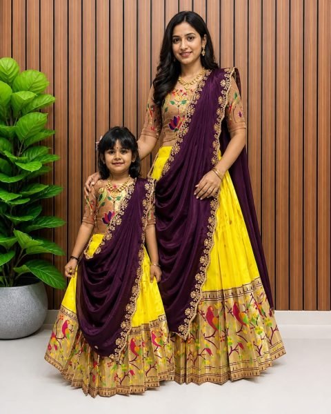 Remarkable Yellow Kids Wedding Wear Paithani Silk Lehenga Choli with Rich Handwork Blouse Mom-Doughter Collection