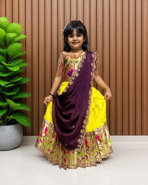 Remarkable Yellow Kids Wedding Wear Paithani Silk Lehenga Choli with Rich Handwork Blouse Mom-Doughter Collection