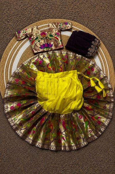 Remarkable Yellow Kids Wedding Wear Paithani Silk Lehenga Choli with Rich Handwork Blouse Mom-Doughter Collection