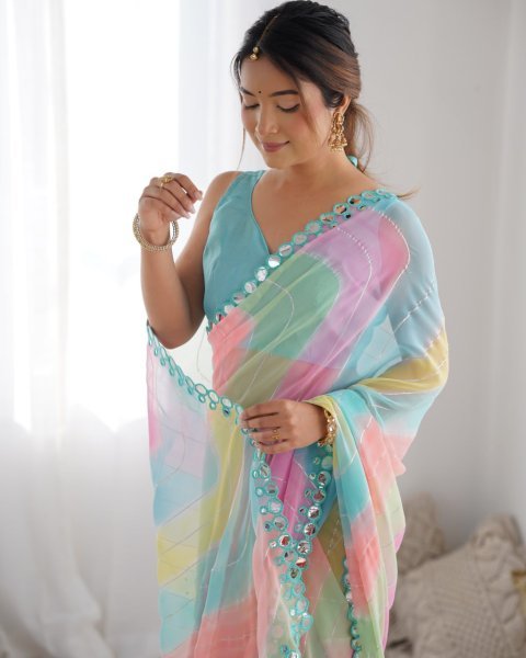 Rembo Style Georgette Saree with Prizm Print   Double Mirror Border Bollywood Inspired Partywear at Best Price Georgette Sarees Wholesale