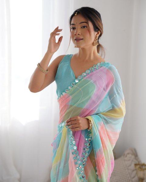 Rembo Style Georgette Saree with Prizm Print   Double Mirror Border Bollywood Inspired Partywear at Best Price Georgette Sarees Wholesale