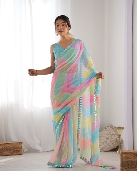 Rembo Style Georgette Saree with Prizm Print   Double Mirror Border Bollywood Inspired Partywear at Best Price Georgette Sarees Wholesale