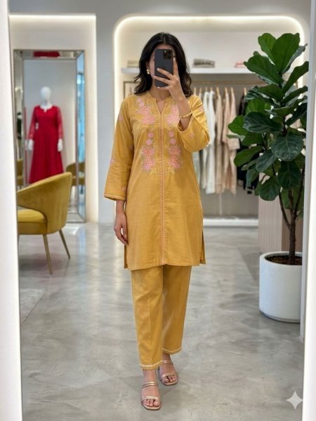 Reseller Special Yellow Modal Chanderi Thread Embroidery With Soft Mul Cotton Inner Top And Bottom  Kurtis