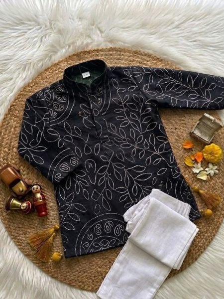 Revolutionary Black Boys Pure Gajji Silk Ajrakh Kurta Pant Set for Festive Wear 
